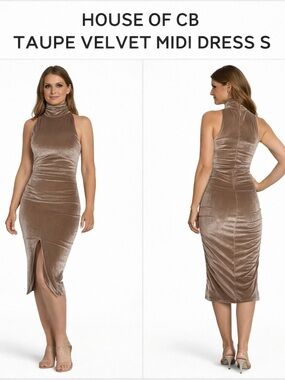 HOUSE OF CB TAUPE VELVET MIDI DRESS S